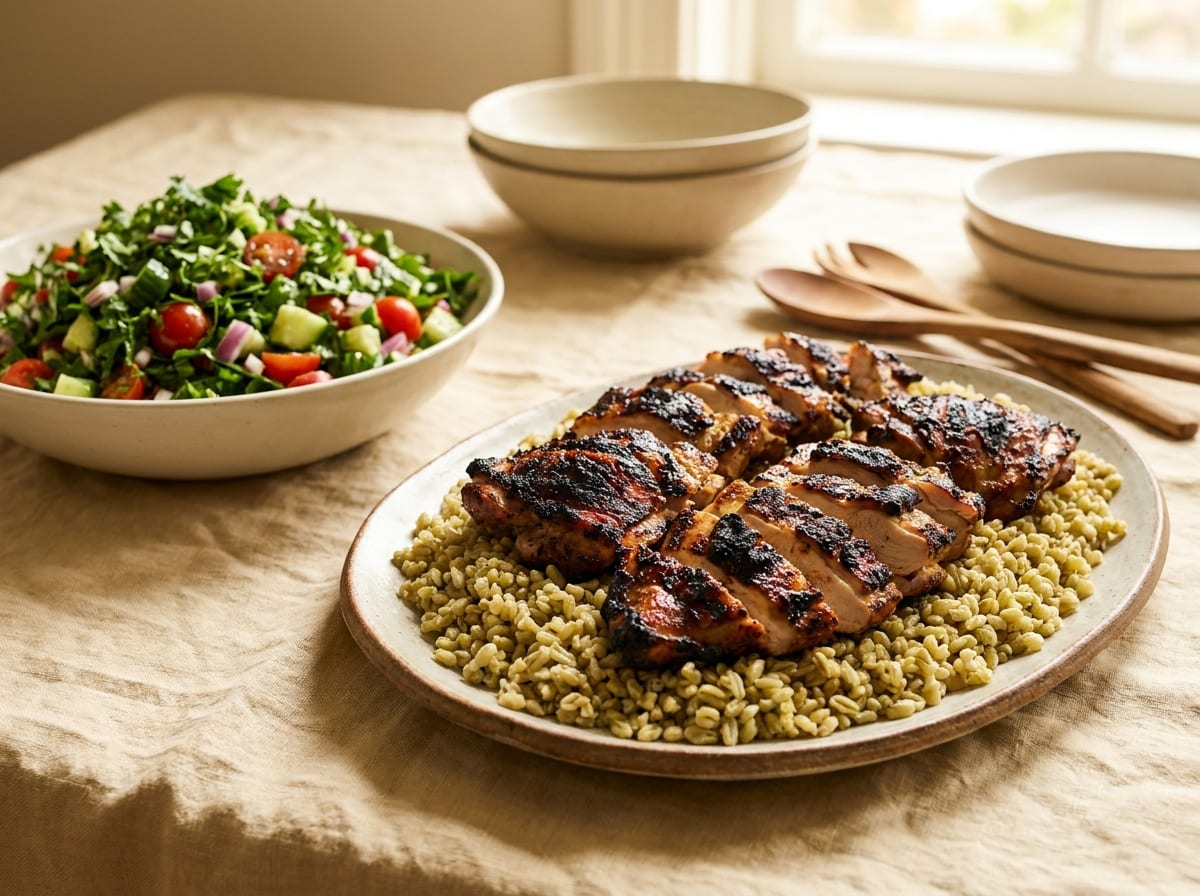 Sliced charred chicken thighs over pale green freekeh with a heaped herb and tomato salad alongside, on a warm linen surface in bright natural light, shot straight on with a gentle background blur.
