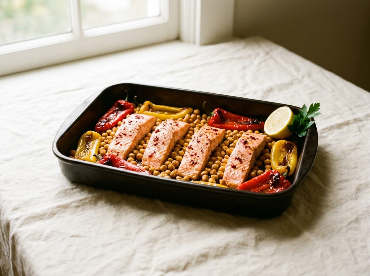 A dark roasting tray of blistered red peppers, golden chickpeas and four pink salmon fillets flecked with harissa, on a warm linen surface in bright natural light, a lemon wedge and parsley beside it, shot straight on.