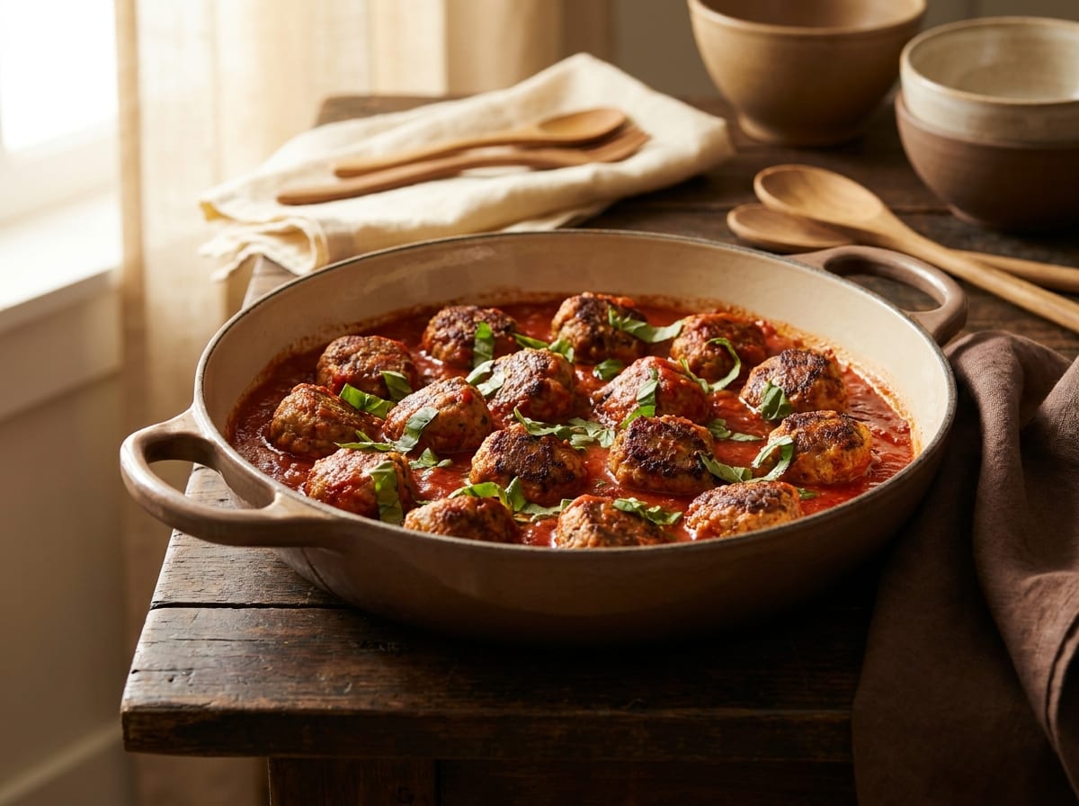 A wide pan of turkey meatballs in a deep red tomato sauce with torn basil scattered over, on a dark wood surface in warm light, shot straight on with a gentle background blur.