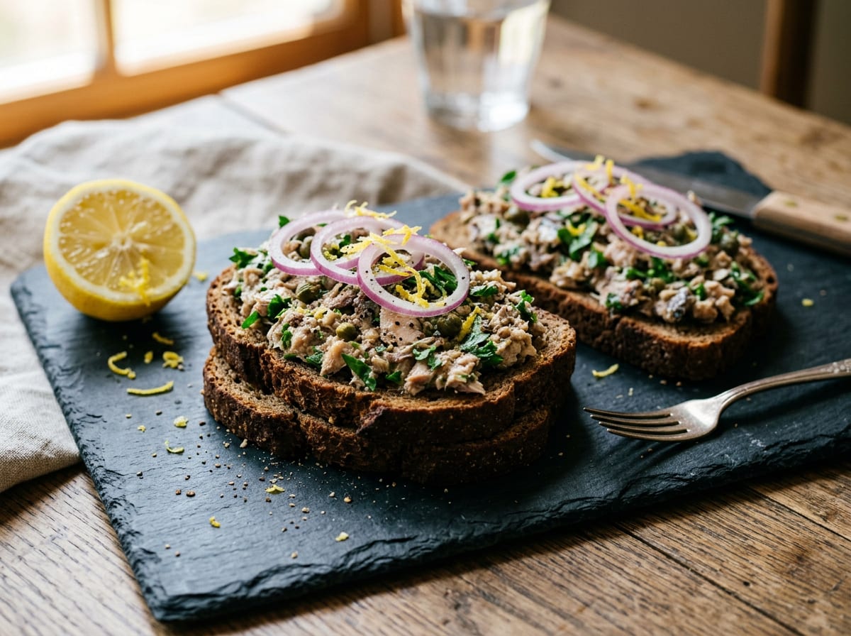 Two slices of dark rye bread piled with coarsely mashed sardine flecked with parsley and capers, topped with fine rings of red onion and lemon zest, on a slate board with a halved lemon.