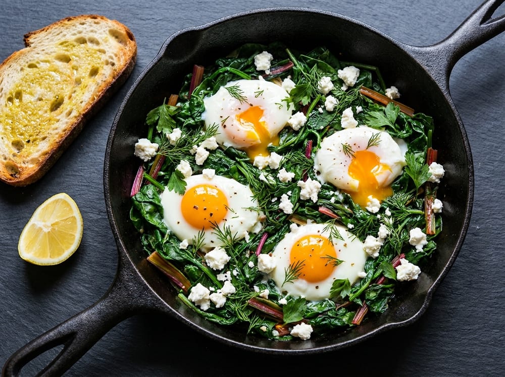 A cast-iron skillet of vibrant green wilted spinach and chard cradling four softly poached eggs with glossy orange yolks, crumbled white feta and flecks of fresh dill and parsley on top, a thick slice of olive-oil-toasted sourdough and a lemon wedge beside the pan, bright morning light on a dark slate surface.
