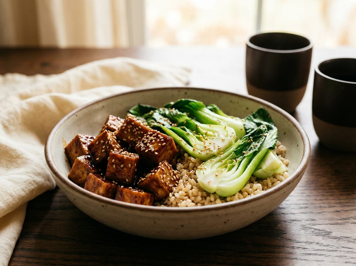 A bowl of glossy glazed tofu cubes with bright green bok choy over brown rice, scattered with sesame seeds, on a dark wood surface in soft daylight, shot straight on with a gentle background blur.