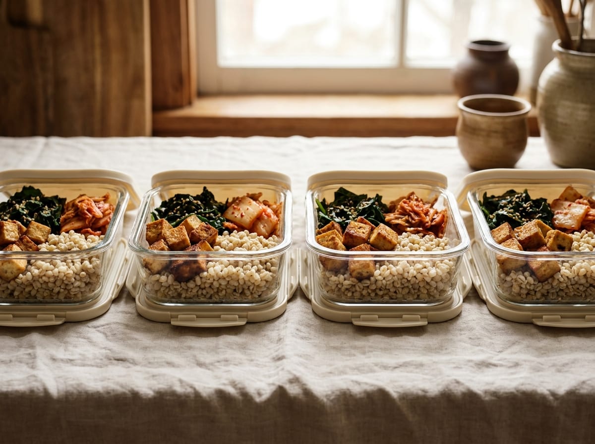 Four meal-prep containers of pearl barley, golden crisped tofu cubes, dark sesame greens and bright red kimchi, on a pale linen surface in bright natural light, shot straight on with a gentle background blur.