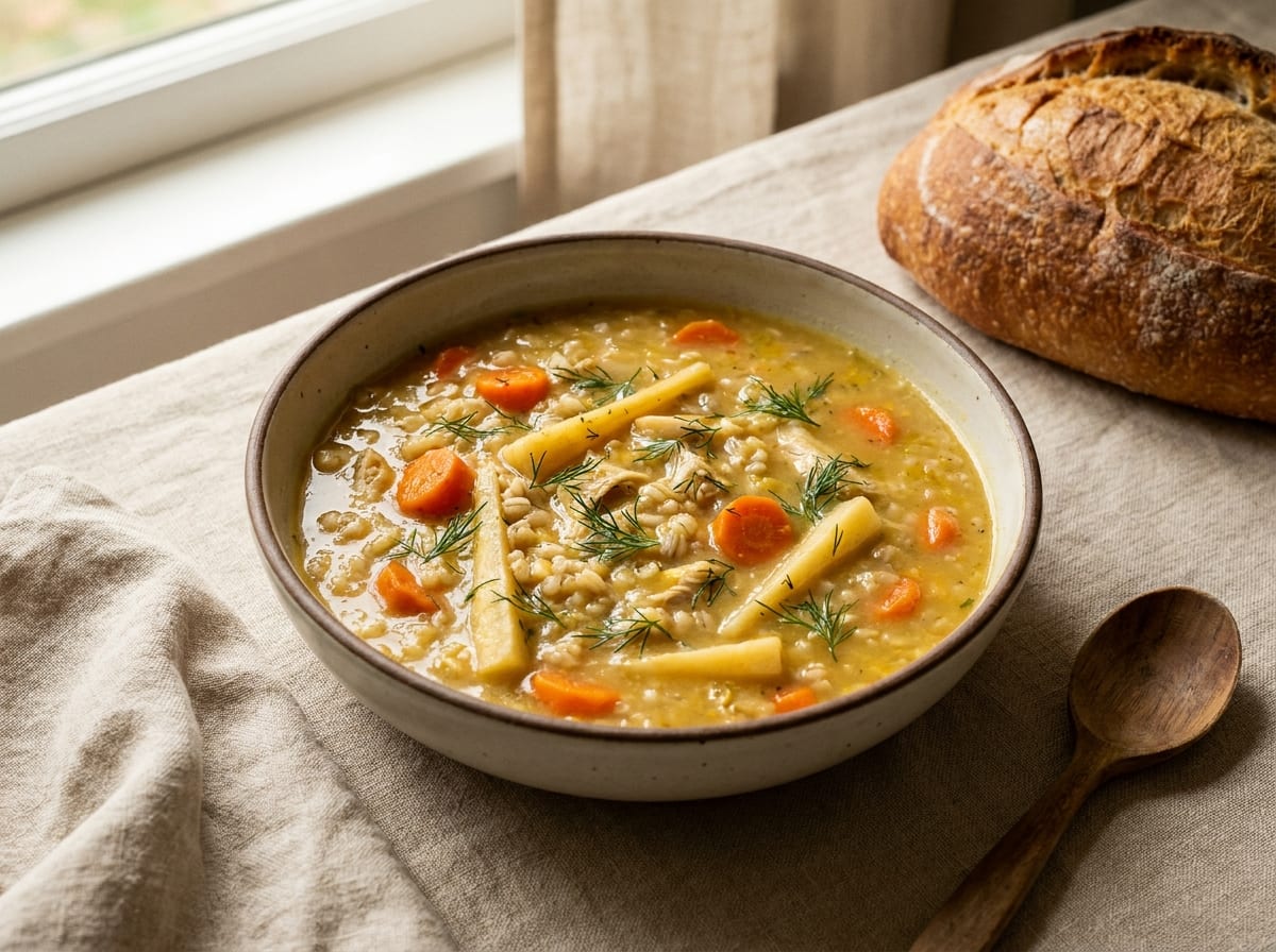 A deep bowl of thick golden chicken and barley soup with orange carrot and pale parsnip, scattered with fresh green dill, on a warm linen surface in soft daylight, shot straight on.