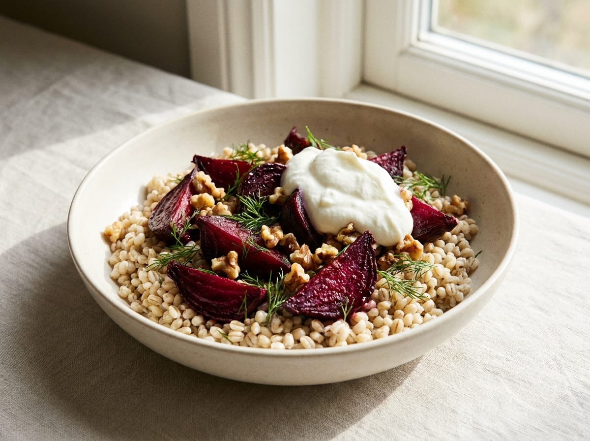 A wide bowl of pearl barley studded with deep magenta roasted beetroot wedges, scattered with fresh dill and walnuts, a spoonful of white skyr on top, on a pale linen surface in bright light.