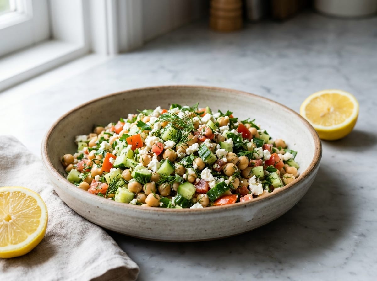 A wide bowl of finely chopped salad, pale chickpeas with green cucumber, red tomato and crumbled white feta, flecked with herbs, a halved lemon beside it on a pale marble counter.