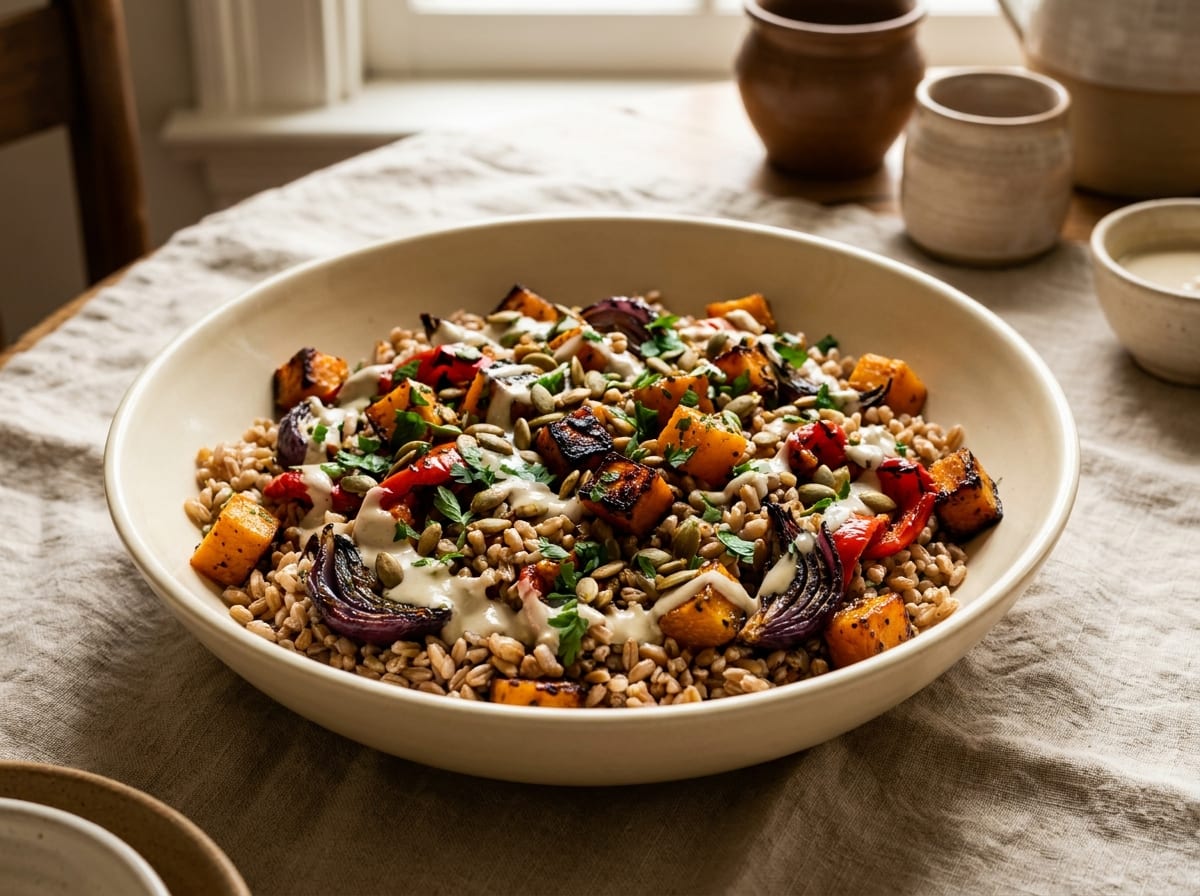 A large shallow bowl of farro with darkly roasted squash, red onion and peppers, drizzled with pale tahini dressing and scattered with parsley and pumpkin seeds, on a warm linen surface in bright light.