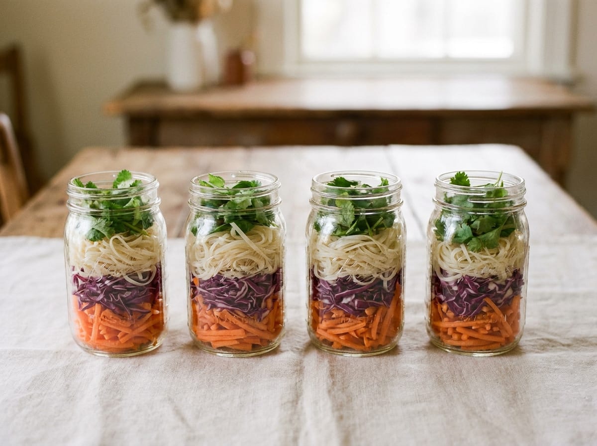 Four glass jars layered with orange carrot, purple cabbage, pale noodles and green herbs, standing on a pale linen surface in bright natural light, shot straight on with a gentle background blur.