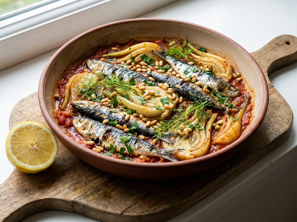 A wide shallow pan of tomato-braised fennel with whole sardines laid over the top, scattered with pine nuts, chopped parsley and feathery fennel fronds, a halved lemon beside it on a rustic wooden board.