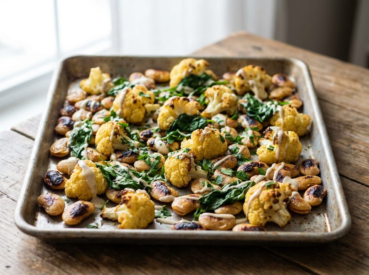 A sheet tray of deep golden roasted cauliflower and split butter beans with charred edges, drizzled with pale tahini dressing and scattered with parsley and wilted spinach, shot from above in bright natural light.