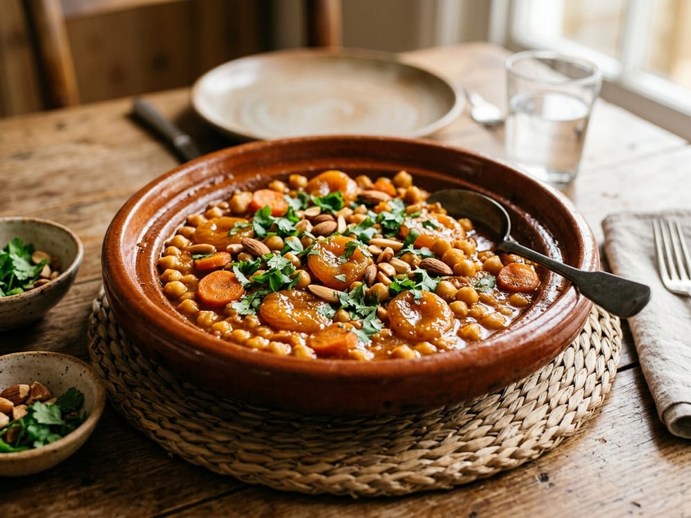 A shallow ceramic tagine dish filled with glossy burnt-orange chickpea and apricot stew studded with carrot rounds, scattered with toasted green pumpkin seeds and torn cilantro, set on a rough linen cloth beside a halved preserved lemon, lit by low side window light that catches the rising steam, shot at a three-quarter angle with the background softly blurred.