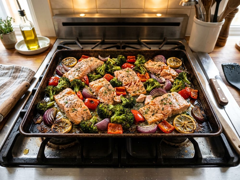 A dark sheet pan crowded with flaked pink salmon fillets and roasted broccoli, red bell pepper, red onion, and zucchini catching char at the edges, steam still rising, set on a pale wood countertop in warm side light, shot from a straight overhead angle.