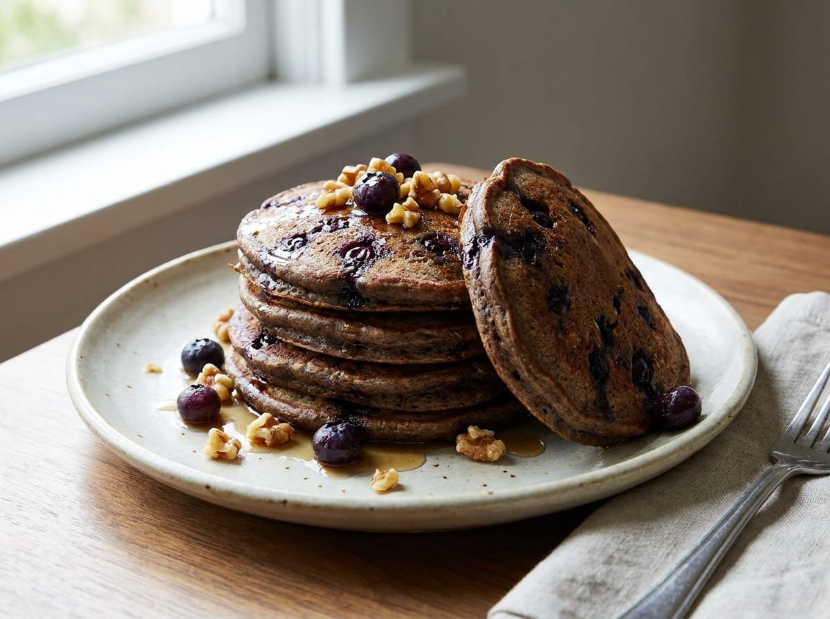 A stack of dark buckwheat pancakes studded with burst blueberries and chopped walnuts, one leaning against the stack, on a pale ceramic plate in bright morning light.