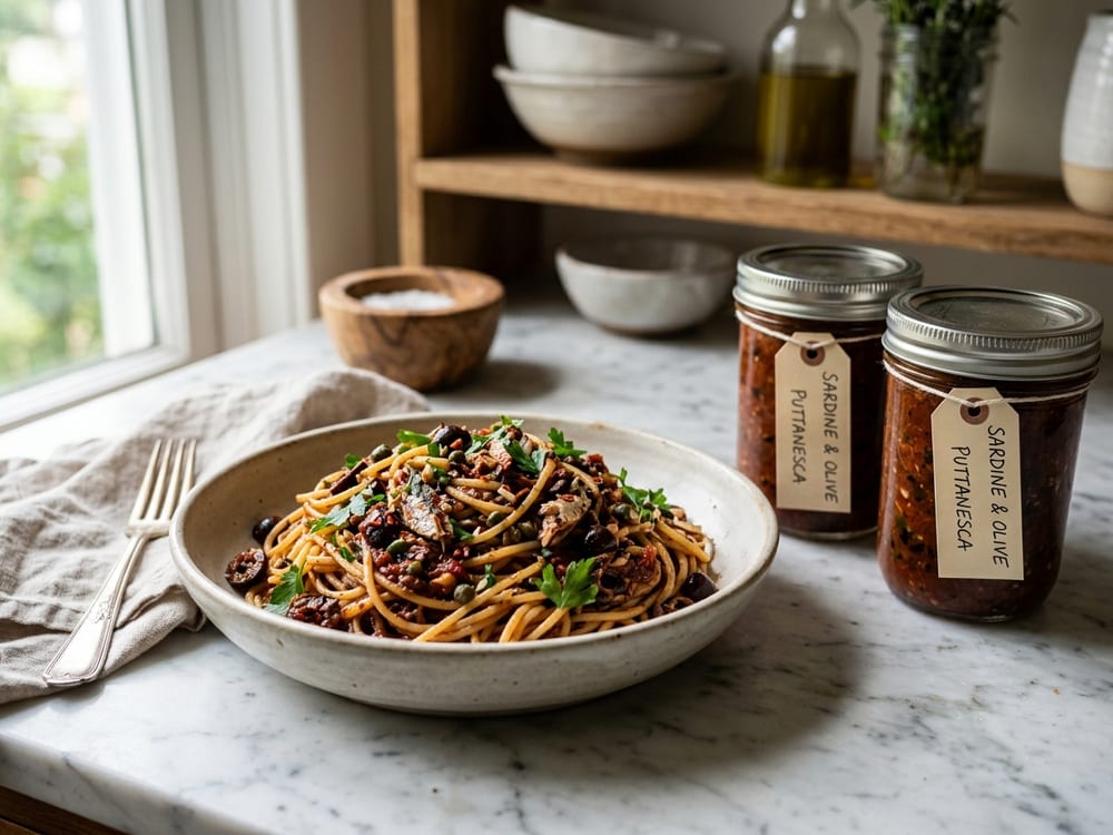 A shallow bowl of spaghetti coated in a dark red, olive-flecked tomato sauce with visible flakes of sardine, a single glass jar of extra sauce standing beside it, on a weathered wood surface in warm side light, shot close and slightly overhead with a shallow depth of field.