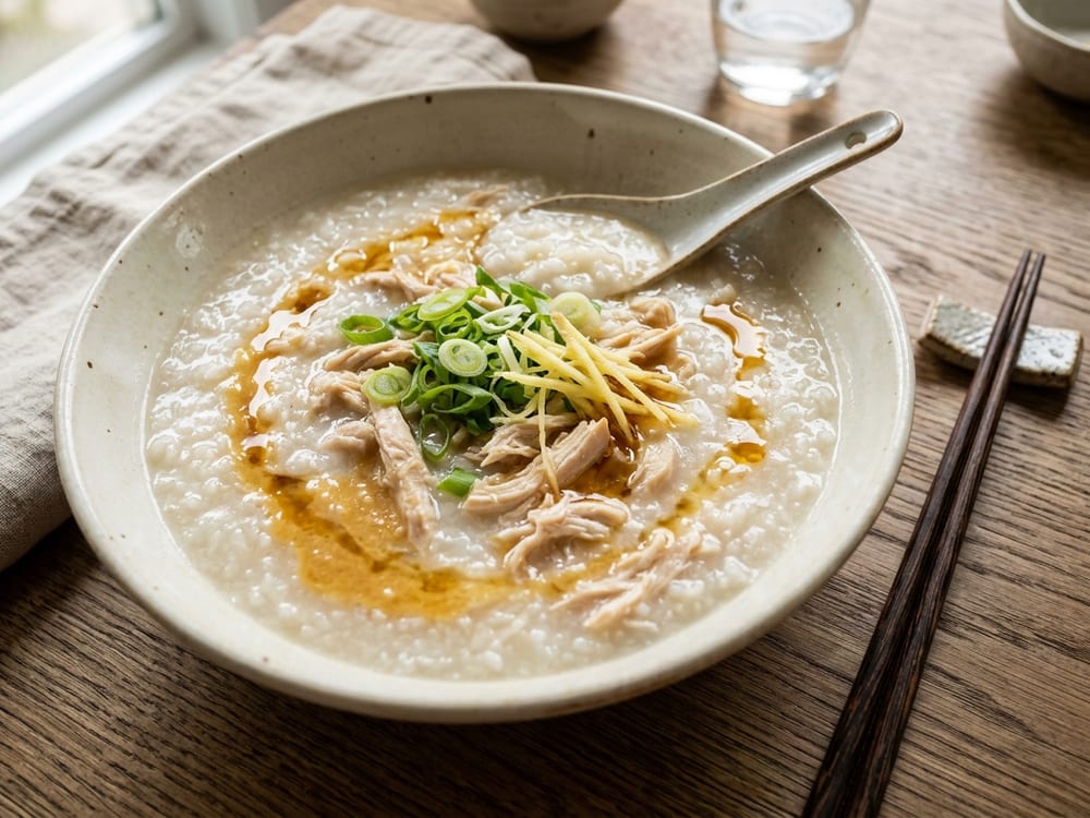 A wide ceramic bowl of silky white rice congee with shredded chicken and a swirl of golden miso just stirred through, topped with sliced scallion and a few threads of ginger, set on a weathered wood table in warm early morning light, shot from a high three-quarter angle with soft steam rising.