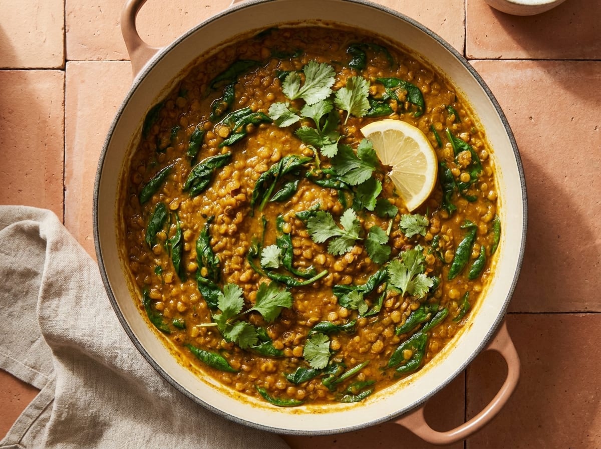 A wide pan of deep-golden lentil curry flecked with dark green spinach, a wedge of lemon and scattered cilantro on top, photographed from above on a warm terracotta surface in soft directional light.