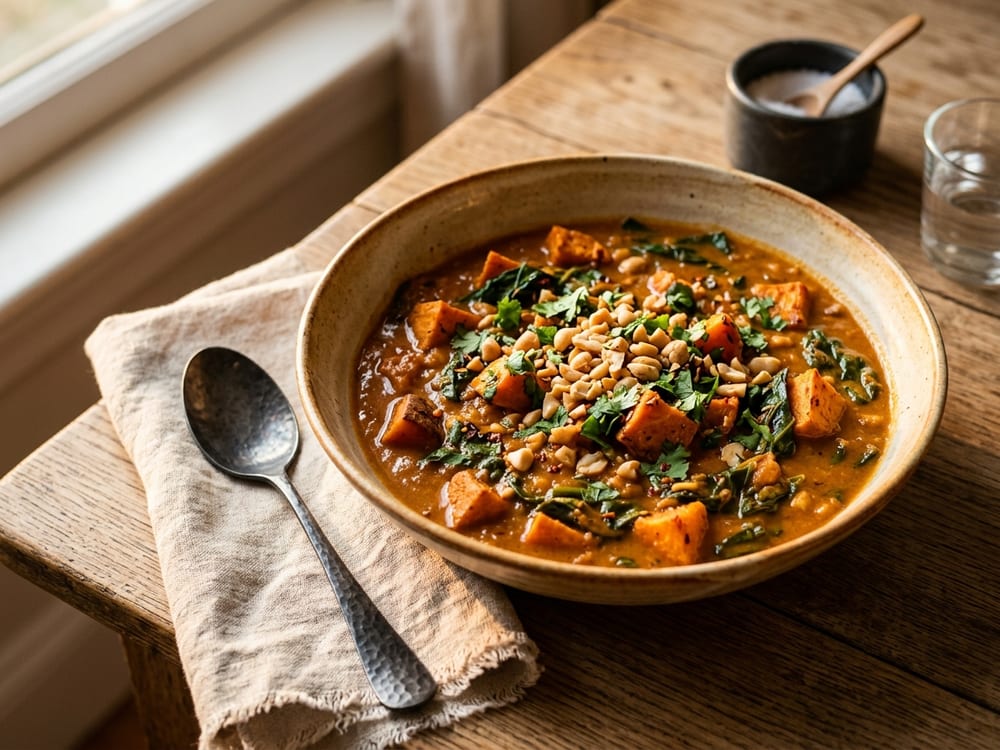 A wide ceramic bowl of deep russet-orange peanut stew studded with chunks of sweet potato and dark wilted greens, topped with chopped roasted peanuts and a lime wedge, set on a woven raffia mat in warm late-afternoon light, shot from a slight overhead angle with steam rising.
