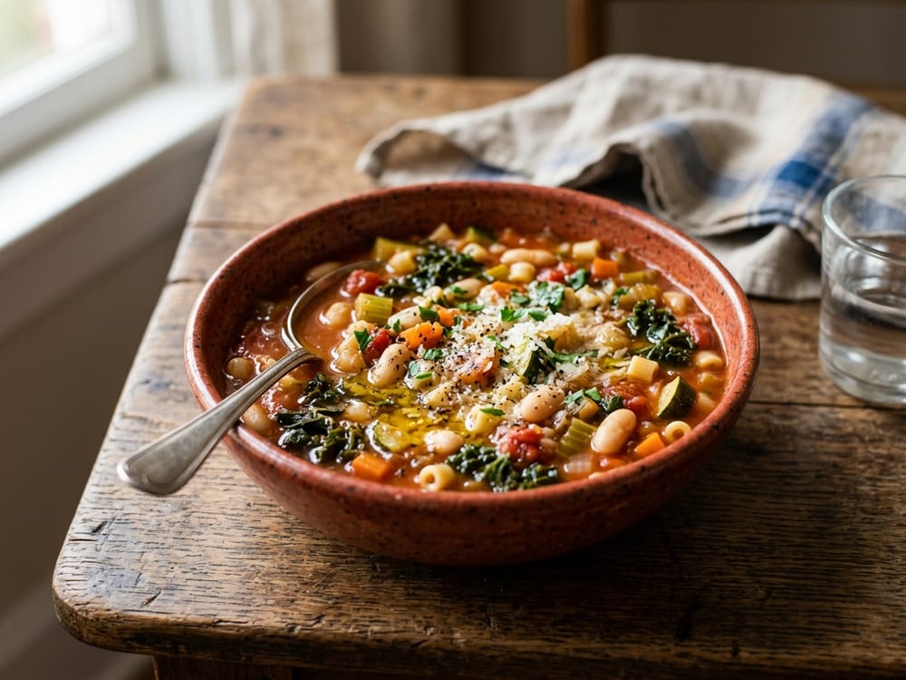 A deep ceramic bowl of thick vegetable and white bean minestrone in a rust-red tomato broth, with visible chunks of carrot, zucchini, and dark ribbons of chard, a thread of green olive oil swirled across the top and torn basil scattered on, set on a weathered wood table beside a folded linen napkin in soft afternoon light, shot at a low three-quarter angle.