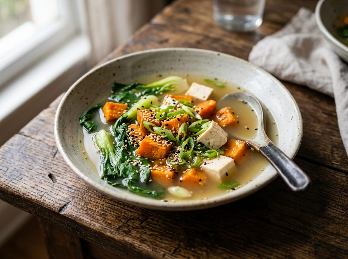 A shallow bowl of pale broth holding orange sweet potato chunks, cubes of tofu and dark green bok choy, scattered with sesame seeds and sliced spring onion, on a dark wooden table.