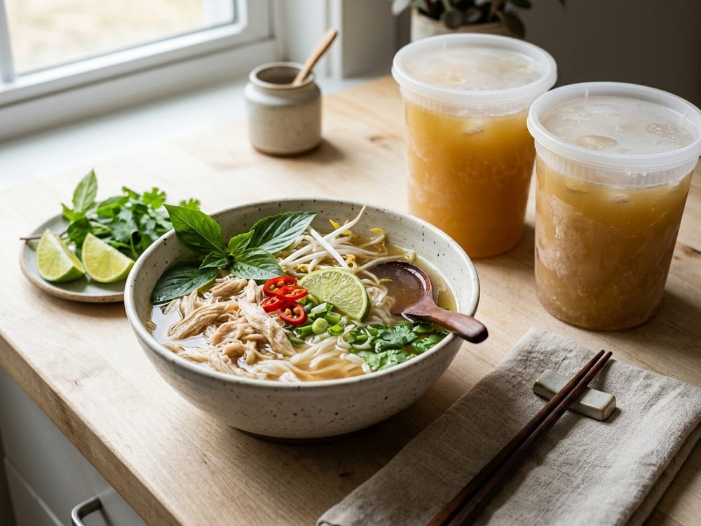A deep ceramic bowl of chicken pho with pale rice noodles, shredded chicken, and clear golden broth, topped with torn Thai basil, bean sprouts, sliced scallion, and a lime wedge, resting on a dark slate surface beside chopsticks and a soup spoon in warm low afternoon light, shot from a close three-quarter angle with steam rising and the background softly blurred.
