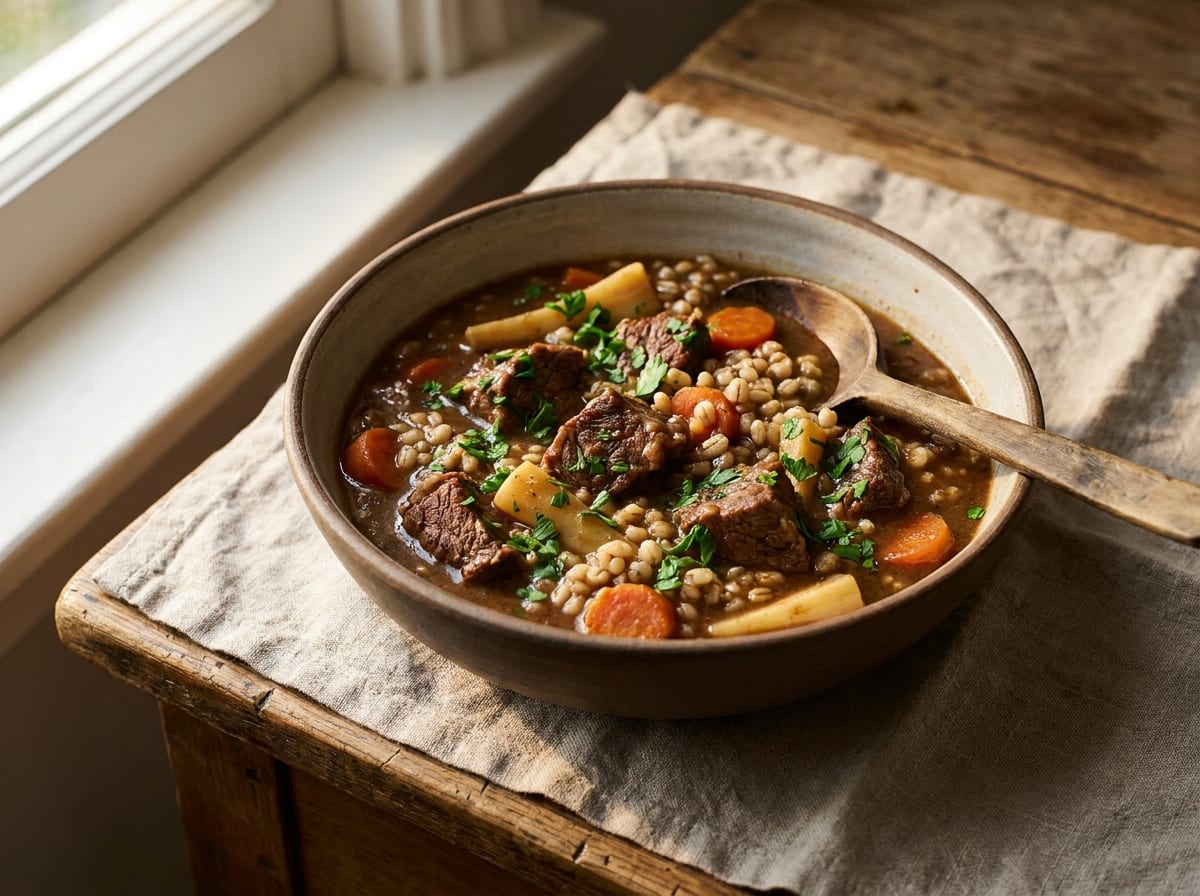 A deep bowl of dark beef stew thick with pearl barley, orange carrot rounds and pale parsnip, scattered with chopped parsley, on a scrubbed wooden table with a linen cloth in warm low light.