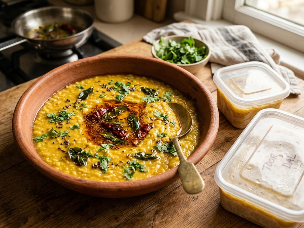 A wide clay bowl of thick golden toor dal with a glossy pool of spiced tadka oil at the center, flecks of curry leaf and mustard seed on the surface, a scatter of chopped coriander and a lemon wedge beside it on a weathered wood table, warm afternoon light coming from one side, shot at a low three-quarter angle.