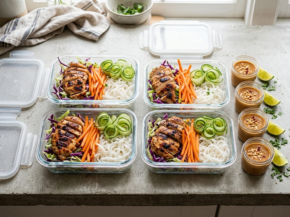 Four rectangular glass meal-prep containers filled with rice noodles, seared chicken, julienned carrot, shredded red cabbage, and snap peas, each paired with a small jar of golden peanut sauce, arranged on a pale wood surface in warm afternoon light, shot from a high three-quarter angle with a shallow depth of field.