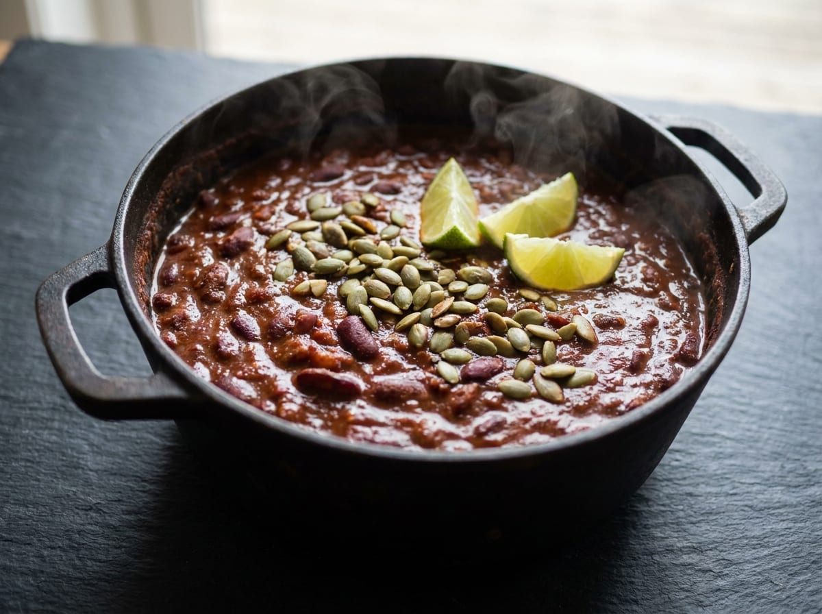 A dark crimson bean chili in a cast-iron pot, scattered with toasted green pumpkin seeds and lime wedges, steam rising, photographed at a three-quarter angle on a dark slate surface.