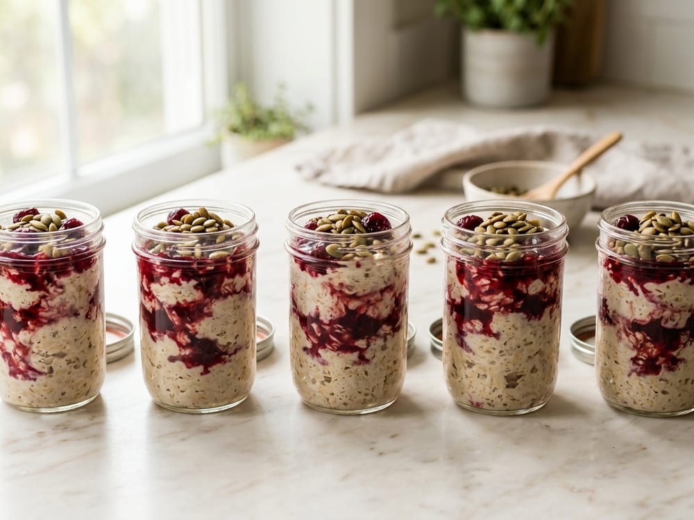 Five clear glass jars of thick pale oats streaked with dark red tart cherry, lined up on a pale marble counter beside a small dish of raw green pumpkin seeds, in soft morning window light, shot straight on with the front jar in sharp focus and the row behind gently blurred.