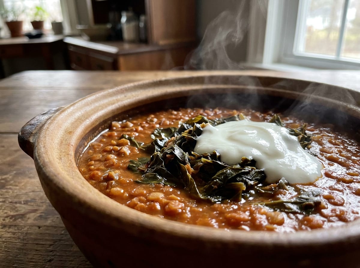 A deep pot of brick-red lentil stew with dark shredded collard greens folded through, a swirl of white yoghurt on top, photographed at a low angle with steam rising.