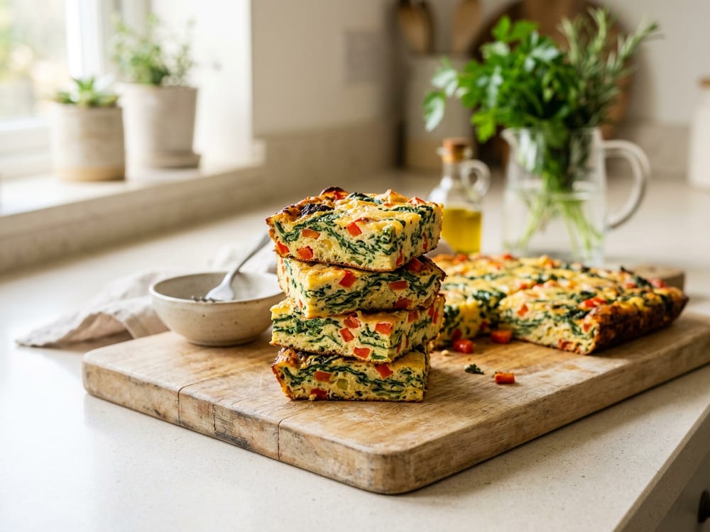 Golden frittata squares flecked with spinach and diced red pepper, stacked in a small tower on a pale wooden board set on a marble counter, morning light coming in low from one side, shot close and slightly from above so the cut edge of the top square shows its egg-white and vegetable layers.