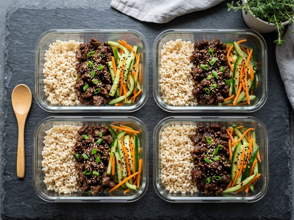 Four glass meal-prep containers each holding glossy brown rice, a scoop of dark glazed ground beef bulgogi flecked with scallion and sesame seeds, and a small pile of pink-tinged quick-pickled cucumber, carrot, and radish, arranged on a pale concrete surface in soft overcast daylight, shot from a straight overhead angle.