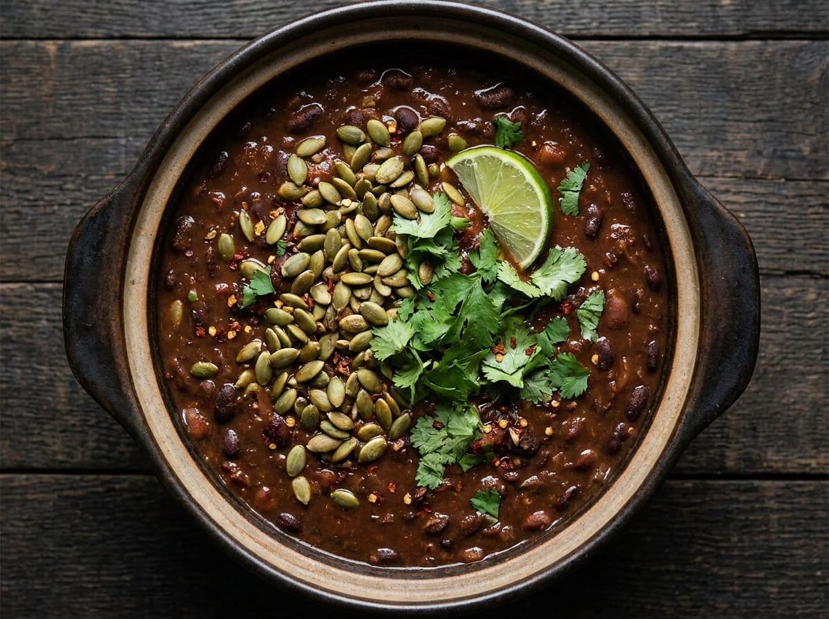 A dark bean chili in a wide pot flecked with red pepper, topped with toasted green pumpkin seeds, torn cilantro and a lime wedge, photographed from above on a dark surface.