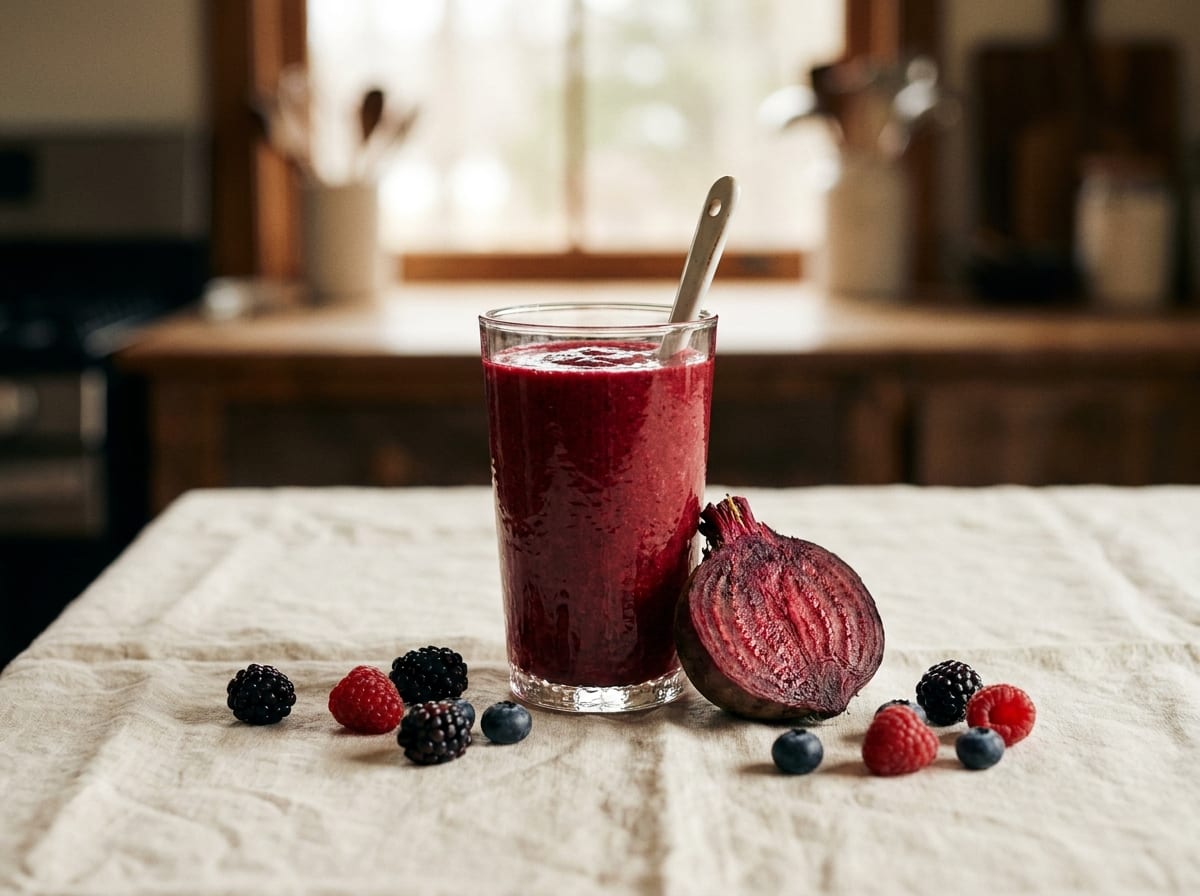 A tall glass of deep crimson beet and berry smoothie on a warm linen surface in bright natural light, a halved cooked beet and scattered berries beside it, shot straight on with a soft background blur.