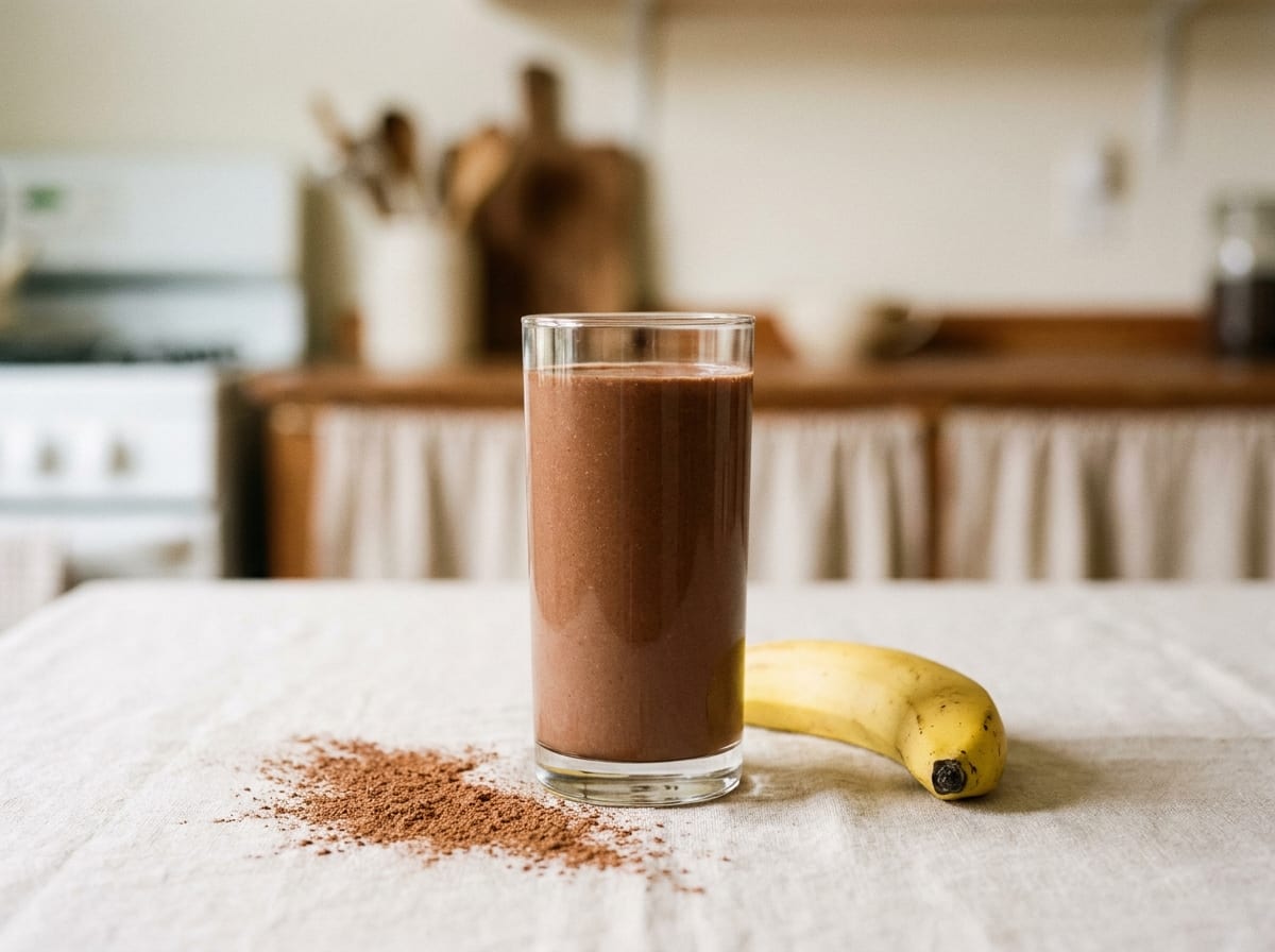 A tall glass of rich chocolate-brown cocoa smoothie on a pale linen surface in soft daylight, a dusting of cocoa powder and a banana beside it, shot straight on with a gentle background blur.