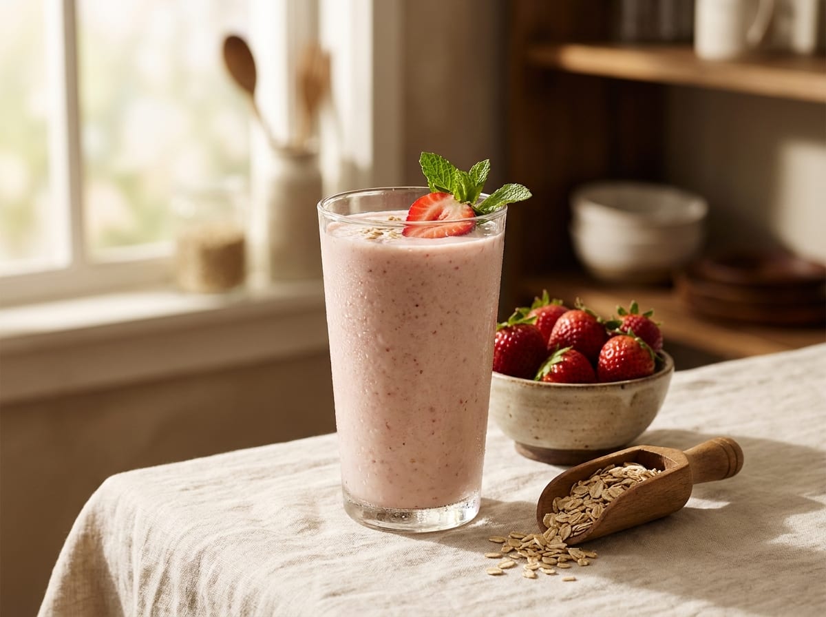 A tall glass of pale pink strawberry and oat smoothie on a pale linen surface in bright morning light, fresh strawberries and a scoop of oats beside it, shot straight on with a gentle background blur.