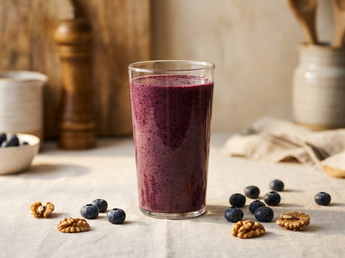 A tall glass of thick deep-purple blueberry smoothie on a pale linen surface in soft morning light, a few loose blueberries and walnut halves beside it, shot straight on with a gentle background blur.