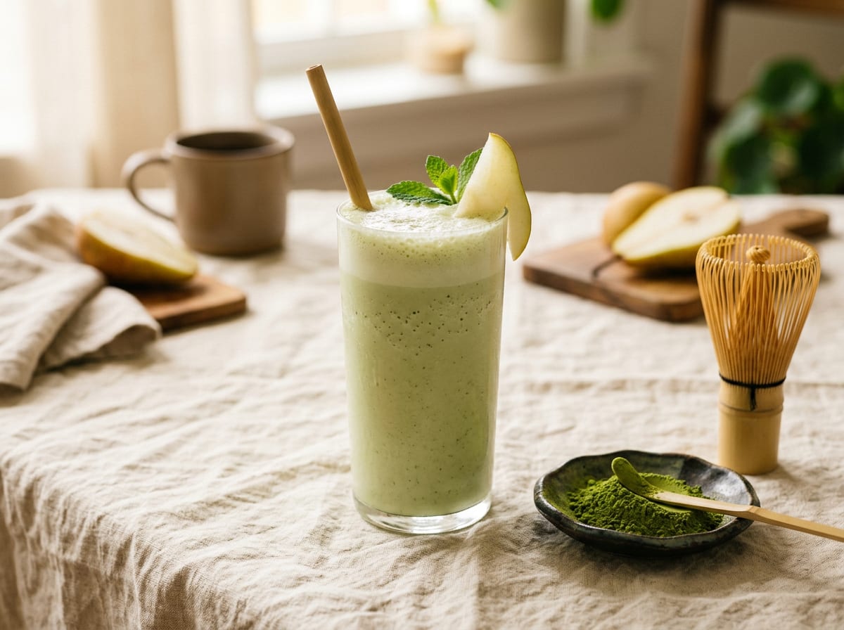 A tall glass of pale jade matcha and pear smoothie on a warm linen surface in soft morning light, a bamboo whisk and a small dish of matcha beside it, shot straight on with a gentle background blur.