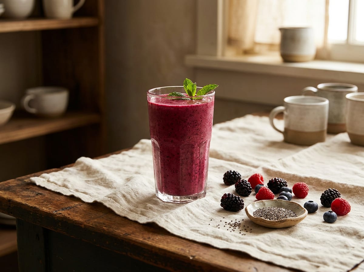A tall glass of thick magenta berry kefir smoothie on a warm linen surface in soft daylight, scattered berries and a small dish of chia seeds beside it, shot straight on with a gentle background blur.