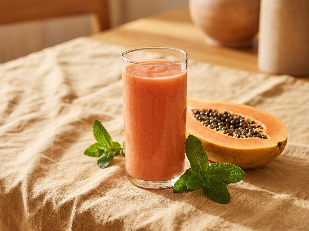 A tall glass of soft coral papaya smoothie on a warm linen surface in bright soft light, a halved papaya and fresh mint sprigs beside it, shot straight on with a gentle background blur.