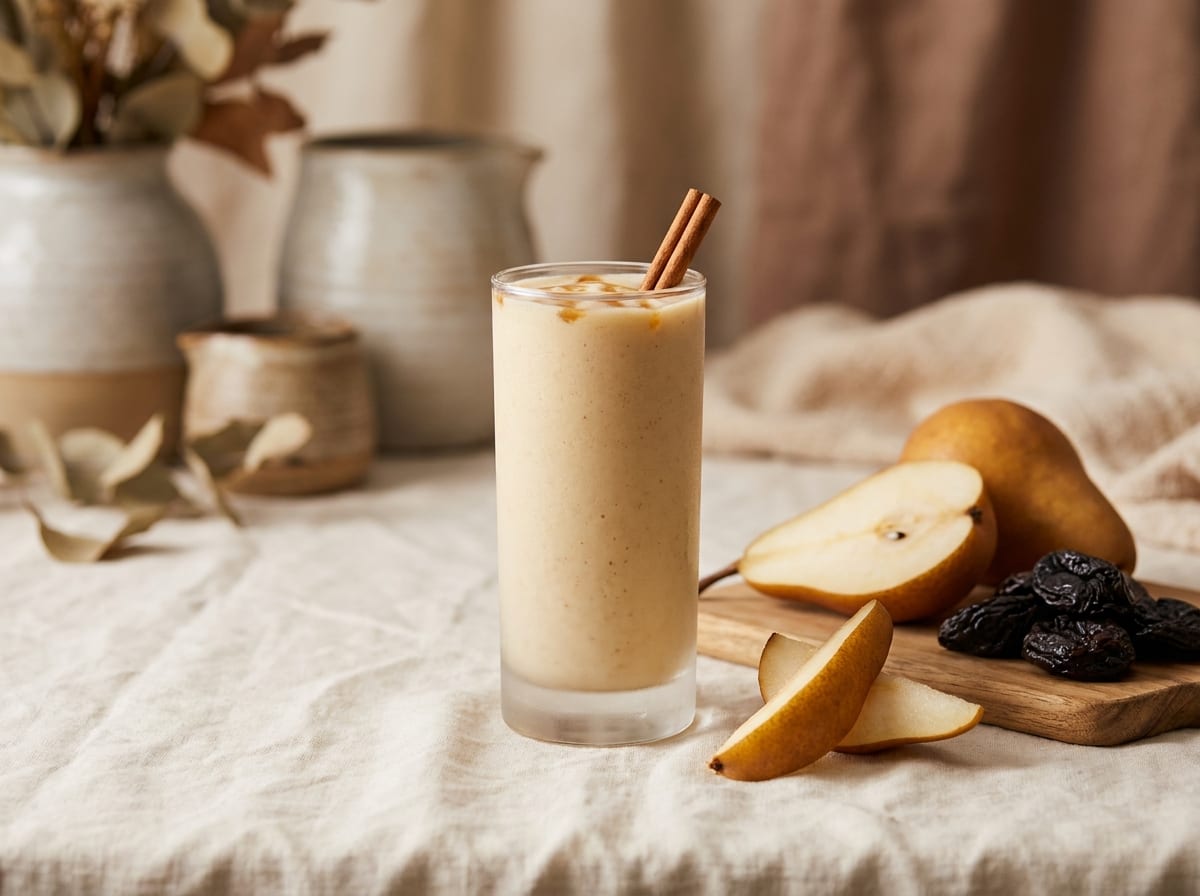 A tall glass of pale caramel pear and prune smoothie on a pale linen surface in soft daylight, a sliced pear and a few prunes beside it, shot straight on with a gentle background blur.