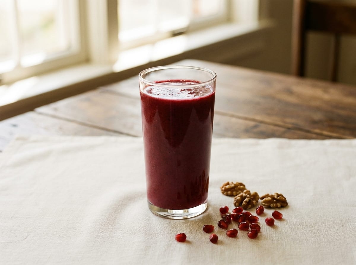 A tall glass of deep ruby pomegranate smoothie on a pale linen surface in bright natural light, pomegranate seeds and walnut halves beside it, shot straight on with a gentle background blur.