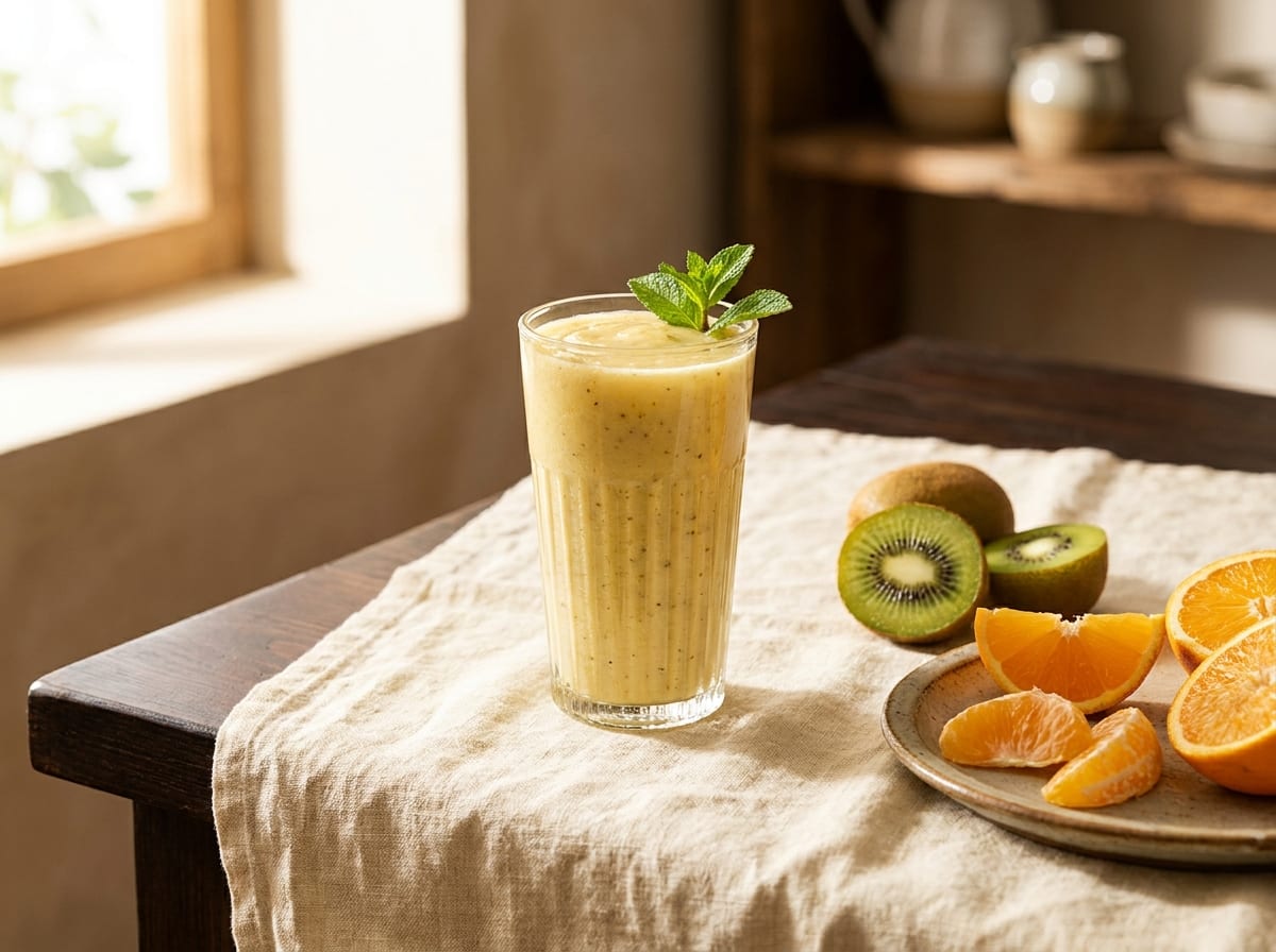 A tall glass of pale gold citrus and kiwi smoothie on a warm linen surface in bright daylight, halved kiwifruit and orange segments beside it, shot straight on with a gentle background blur.