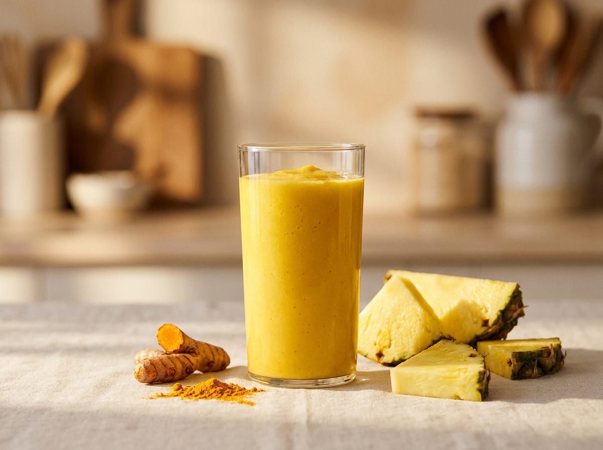 A tall glass of bright golden pineapple and turmeric smoothie on a pale linen surface in warm daylight, pineapple wedges and a piece of fresh turmeric beside it, shot straight on with a soft background blur.