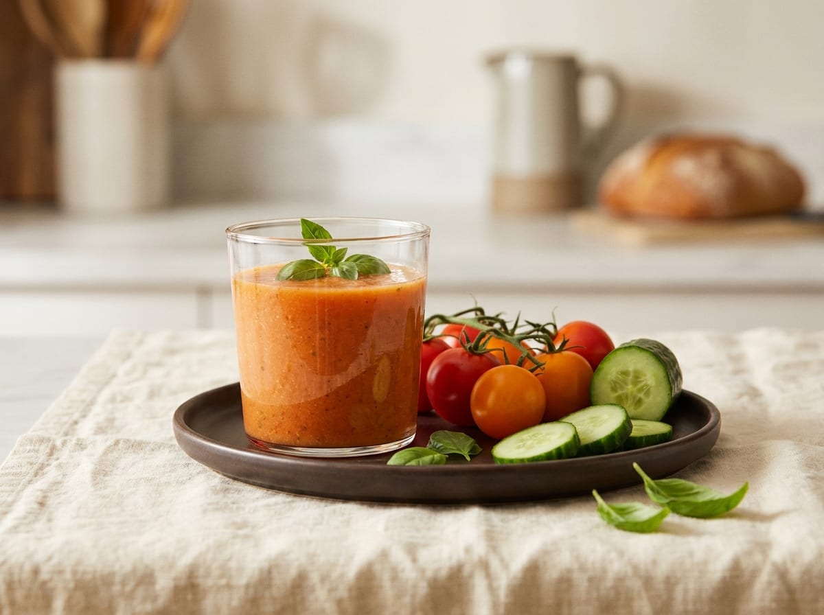 A short tumbler of chilled orange-red savory tomato smoothie on a warm linen surface in bright natural light, ripe tomatoes, cucumber, and basil beside it, shot straight on with a gentle background blur.
