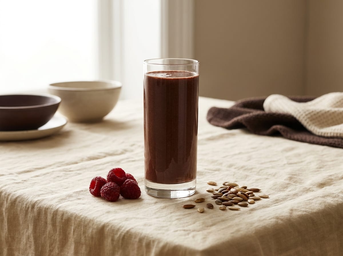 A tall glass of deep raspberry-chocolate smoothie on a warm linen surface in soft light, fresh raspberries and a scatter of pumpkin seeds beside it, shot straight on with a gentle background blur.