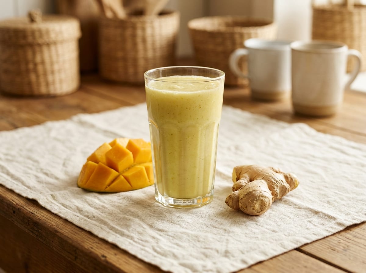 A tall glass of pale golden-green mango smoothie on a warm linen surface in bright soft light, fresh mango slices and a knob of ginger beside it, shot straight on with a gentle background blur.