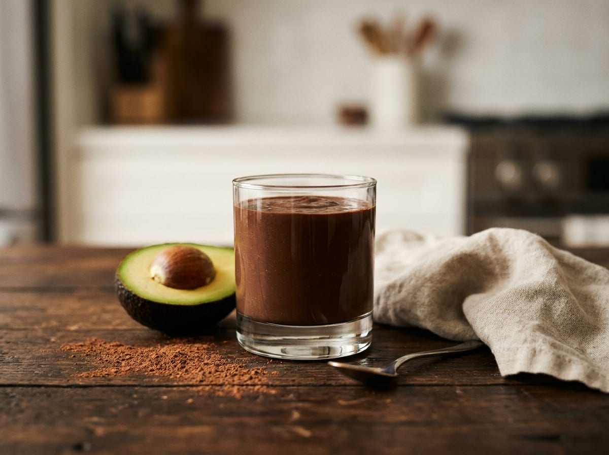 A short heavy glass of dense dark chocolate avocado smoothie on a dark wood surface in soft directional light, half an avocado and a dusting of cacao beside it, shot straight on with a gentle background blur.