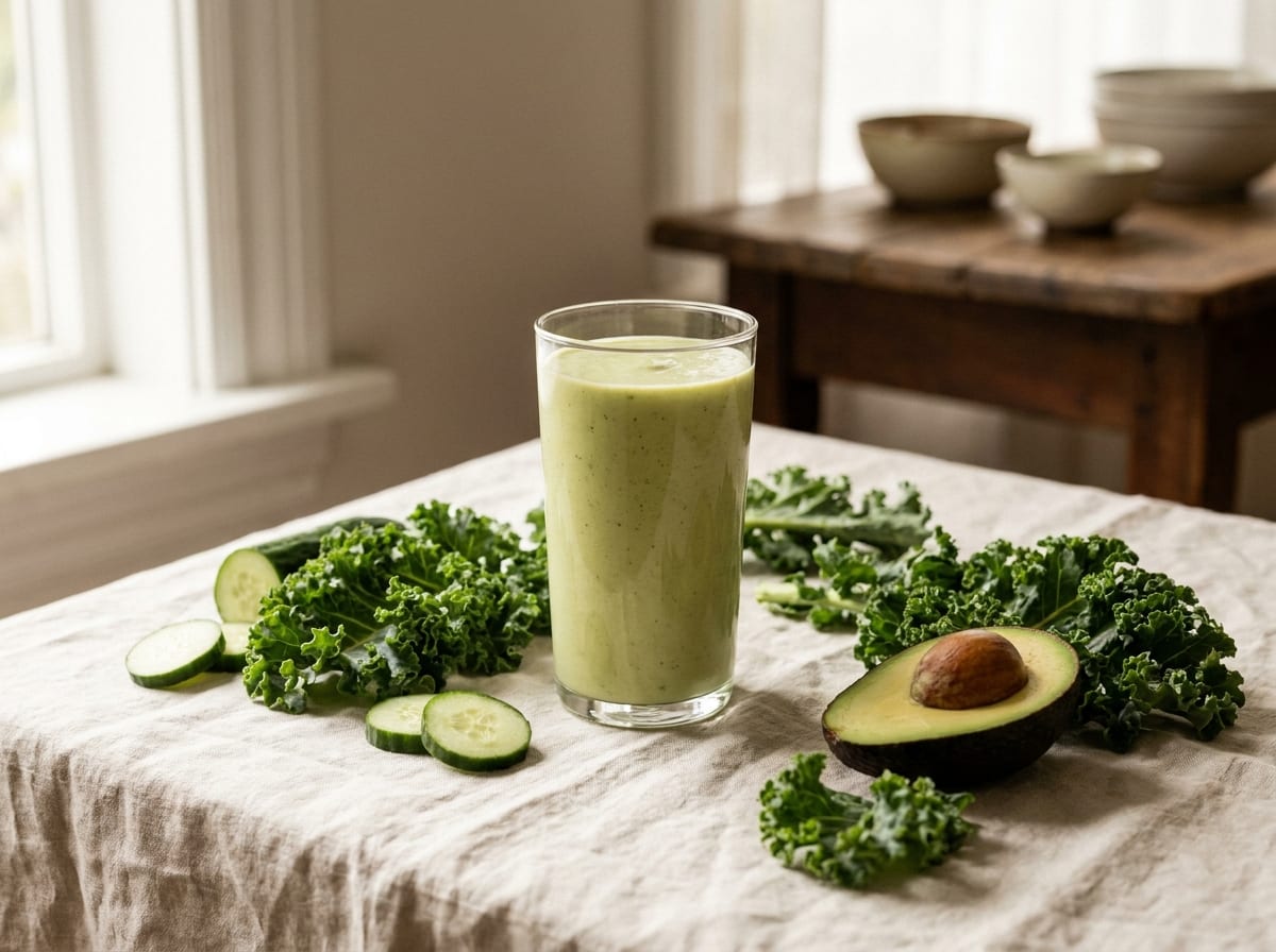 A tall glass of pale green avocado and kale smoothie on a pale linen surface in bright natural light, kale leaves, cucumber, and half an avocado beside it, shot straight on with a gentle background blur.