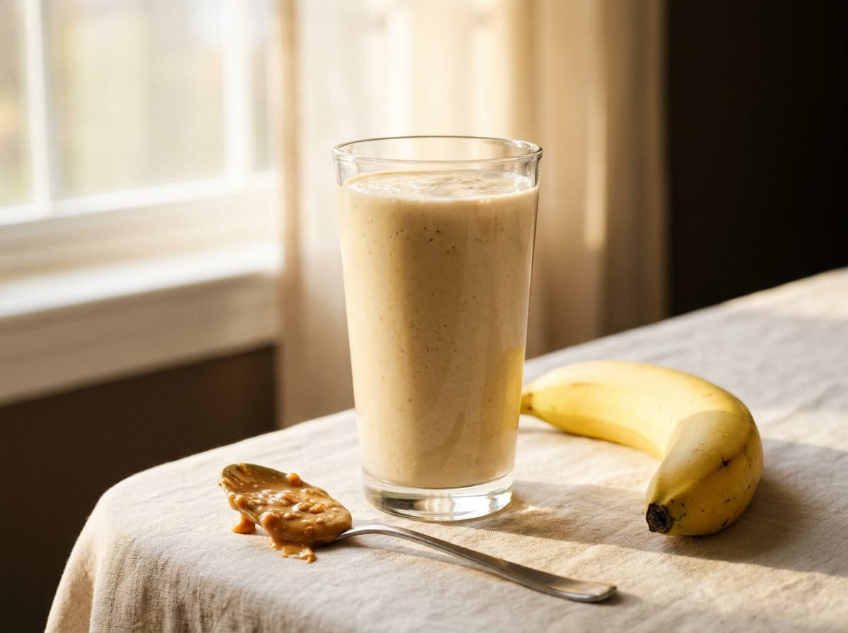 A tall glass of thick pale tan peanut butter and banana smoothie on a pale linen surface in bright morning light, a banana and a spoonful of peanut butter beside it, shot straight on with a gentle background blur.